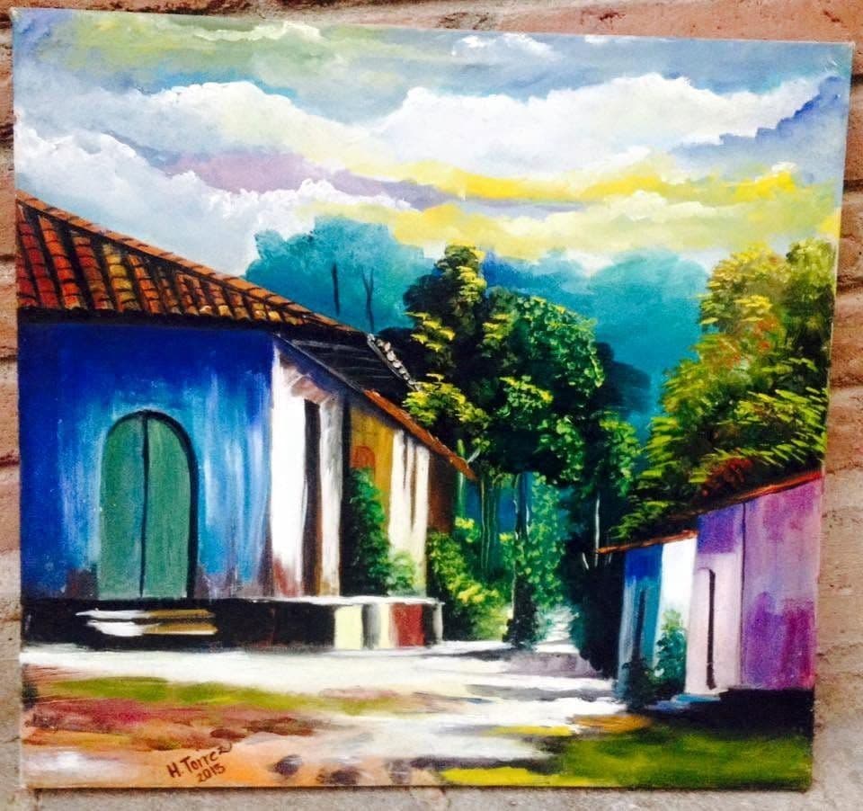 A painted street scene with colonial houses and a tiled roof.