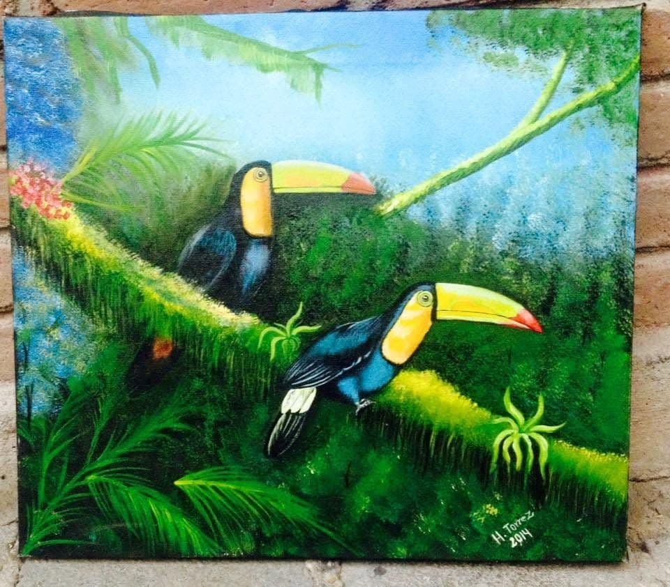 Two toucans painted among tropical leaves.
