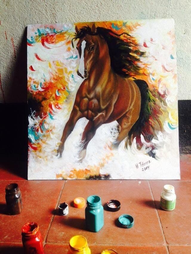 A finished painting of a running horse on canvas.