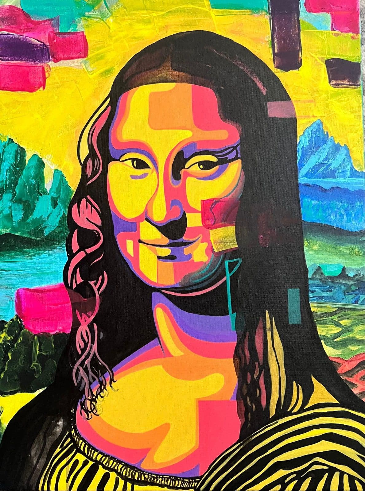 A graphic, high-colour reinterpretation of a classical portrait.