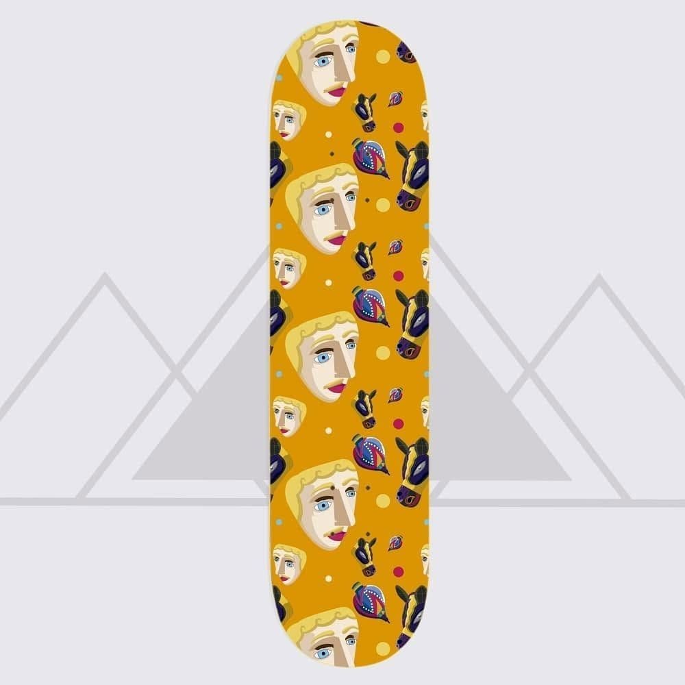 An illustrated pattern of faces applied to a skateboard deck.