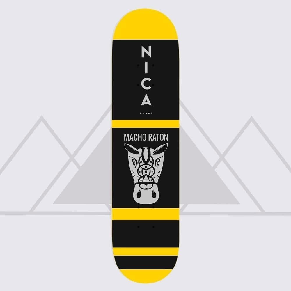 A skateboard deck with a graphic design based on Nicaraguan folk imagery.