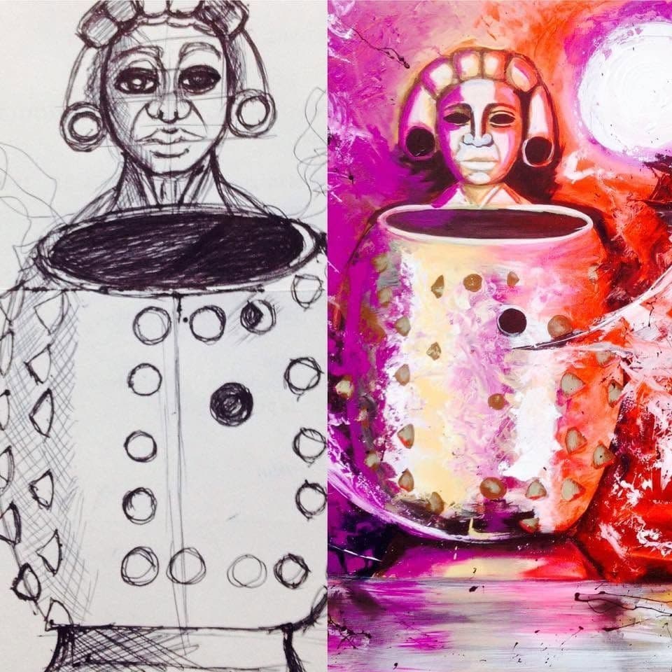 Sketch and finished painting documenting the development of an early work.
