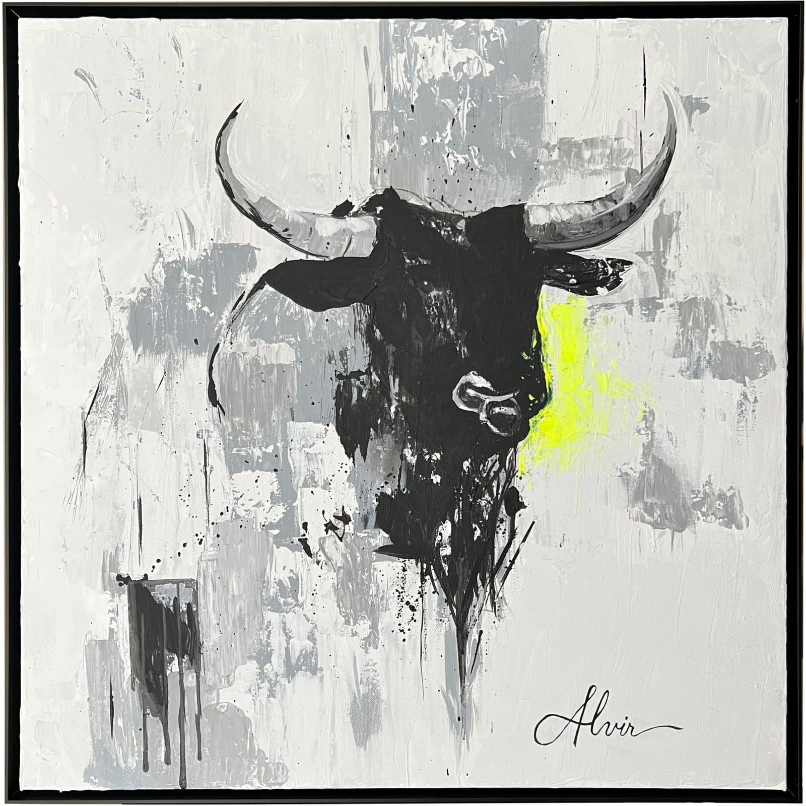 The original Bull 001 painting photographed straight on against a quiet grey studio background