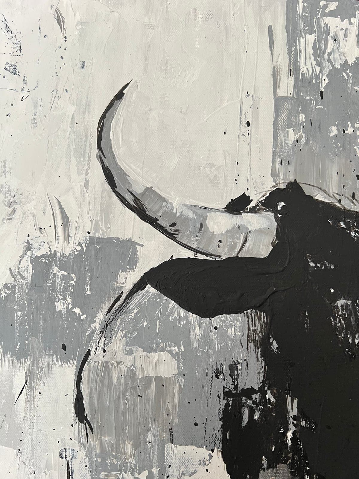 The curve of a horn seen from below, palette-knife strokes in grey behind it