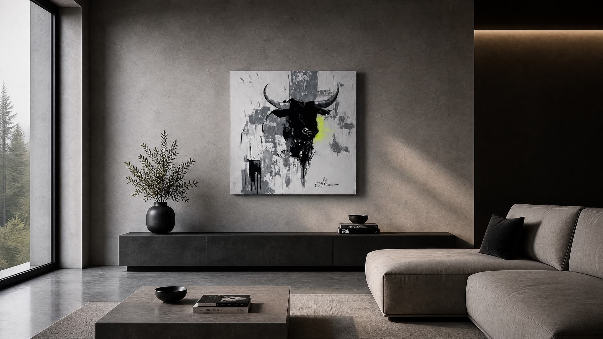 The painting hung above a low console in a wide, quiet living room with morning light