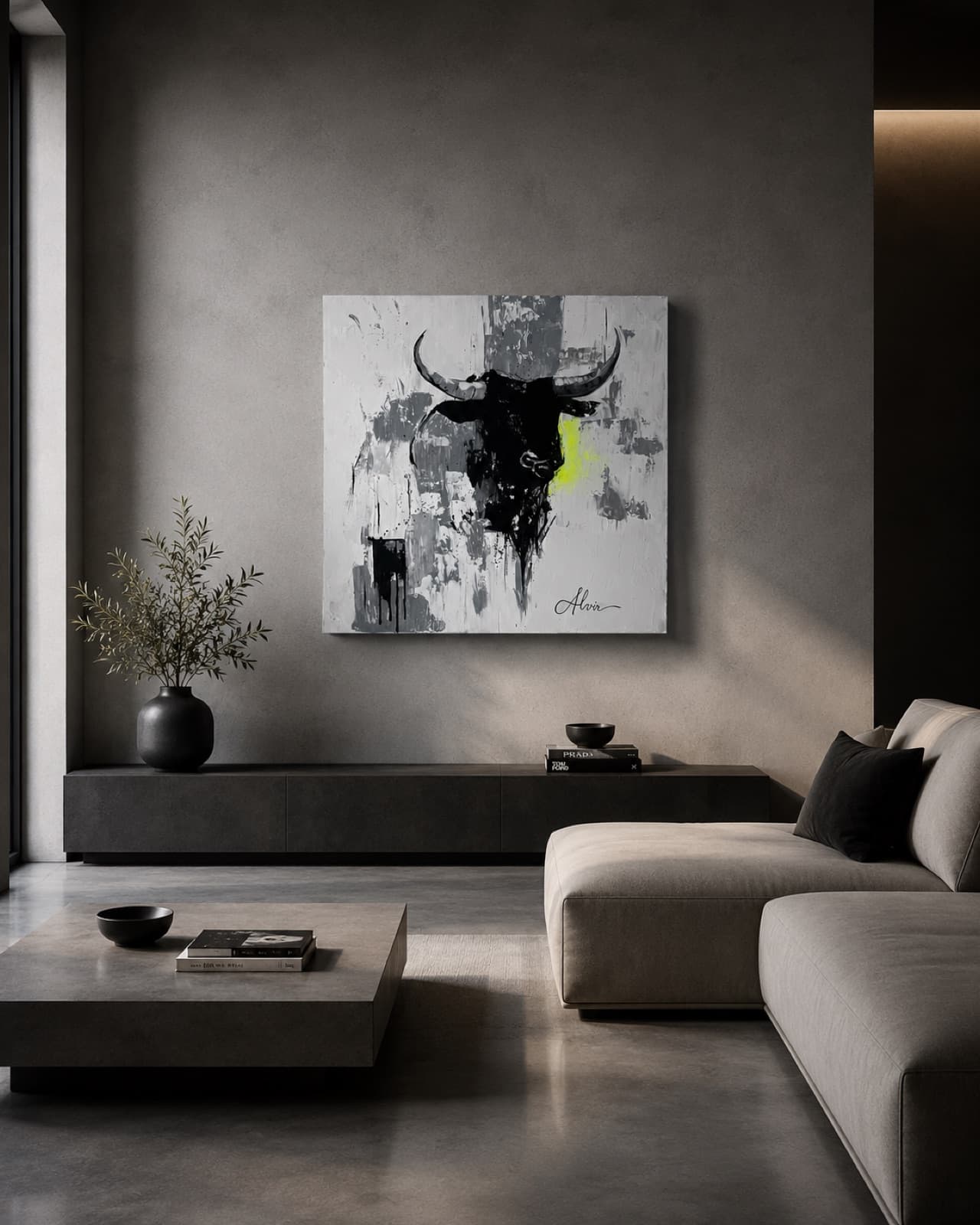 The painting hung above a low console in a dark warm living room